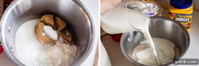 Luscious Banana Cream Pie Recipe 12 A two-part image: first, brown sugar, flour, and cornstarch are shown in a pot; second, milk is being added to the dry ingredients with a whisk to combine.