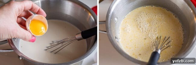 Luscious Banana Cream Pie Recipe 13 A two-part image: first, an egg yolk is gently added to the milk mixture in a pot; second, the egg yolks are being vigorously whisked into the liquid base to ensure a smooth blend.