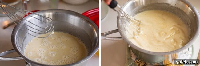 Luscious Banana Cream Pie Recipe 14 A two-part image: first, a whisk holding visible egg protein after mixing; second, thickened, smooth custard in a pot after cooking.