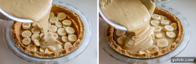 Luscious Banana Cream Pie Recipe 16 A two-part image: first, creamy custard being poured over banana slices in a graham cracker crust; second, a second layer of bananas being added before more custard.