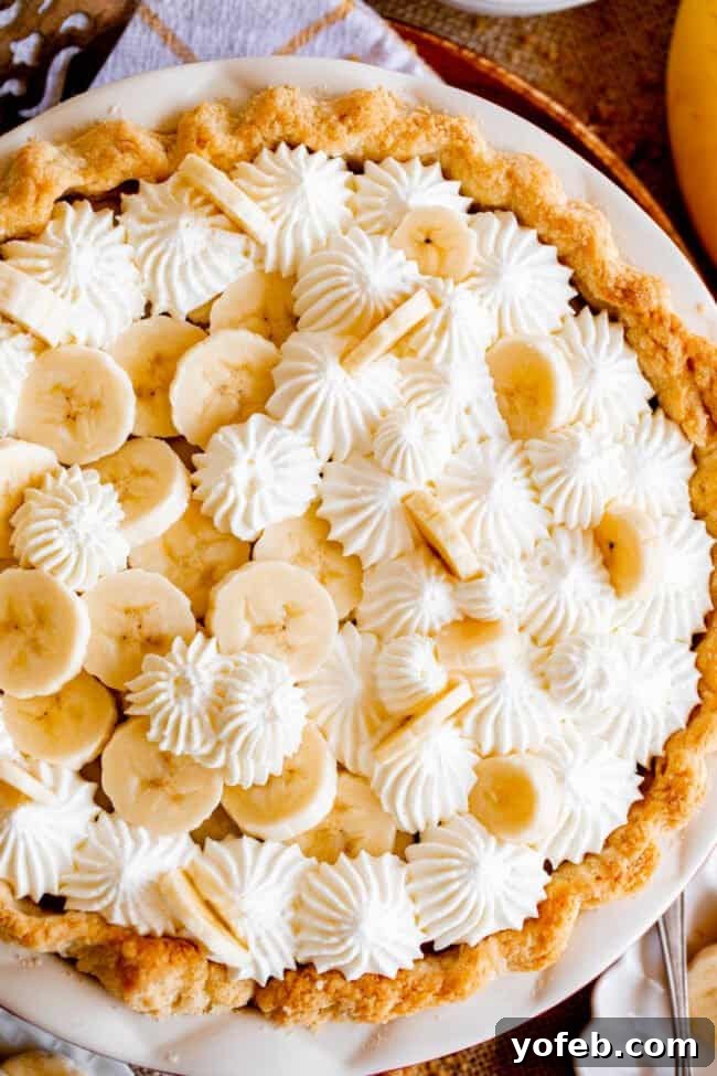 Luscious Banana Cream Pie Recipe 18 An inviting overhead shot of an easy banana cream pie recipe, beautifully topped with a generous layer of whipped cream.