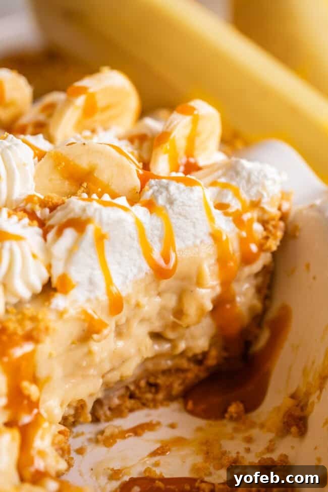Luscious Banana Cream Pie Recipe 22 A stunning homemade banana cream pie, without any pudding, presented in a pie pan and elegantly drizzled with caramel sauce.