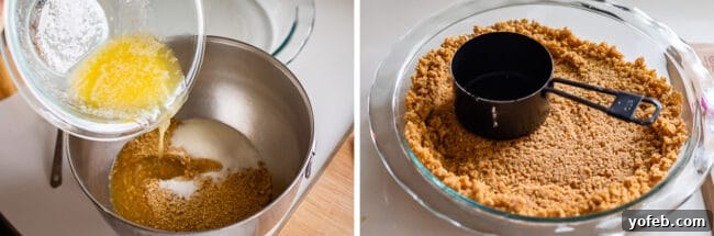 Luscious Banana Cream Pie Recipe 10 A two-part image showing melted butter being added to a bowl of graham cracker crumbs and sugar, and then the mixture being pressed into a pie pan to form the crust.