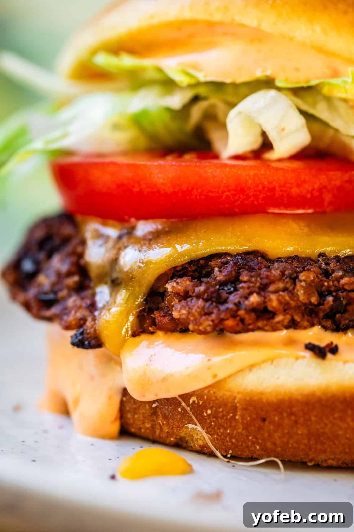 Savory Black Bean Burgers with Fiery Sriracha Aioli 2 Close-up shot of a gourmet black bean burger on a brioche bun, layered with fresh veggies and melted cheese.