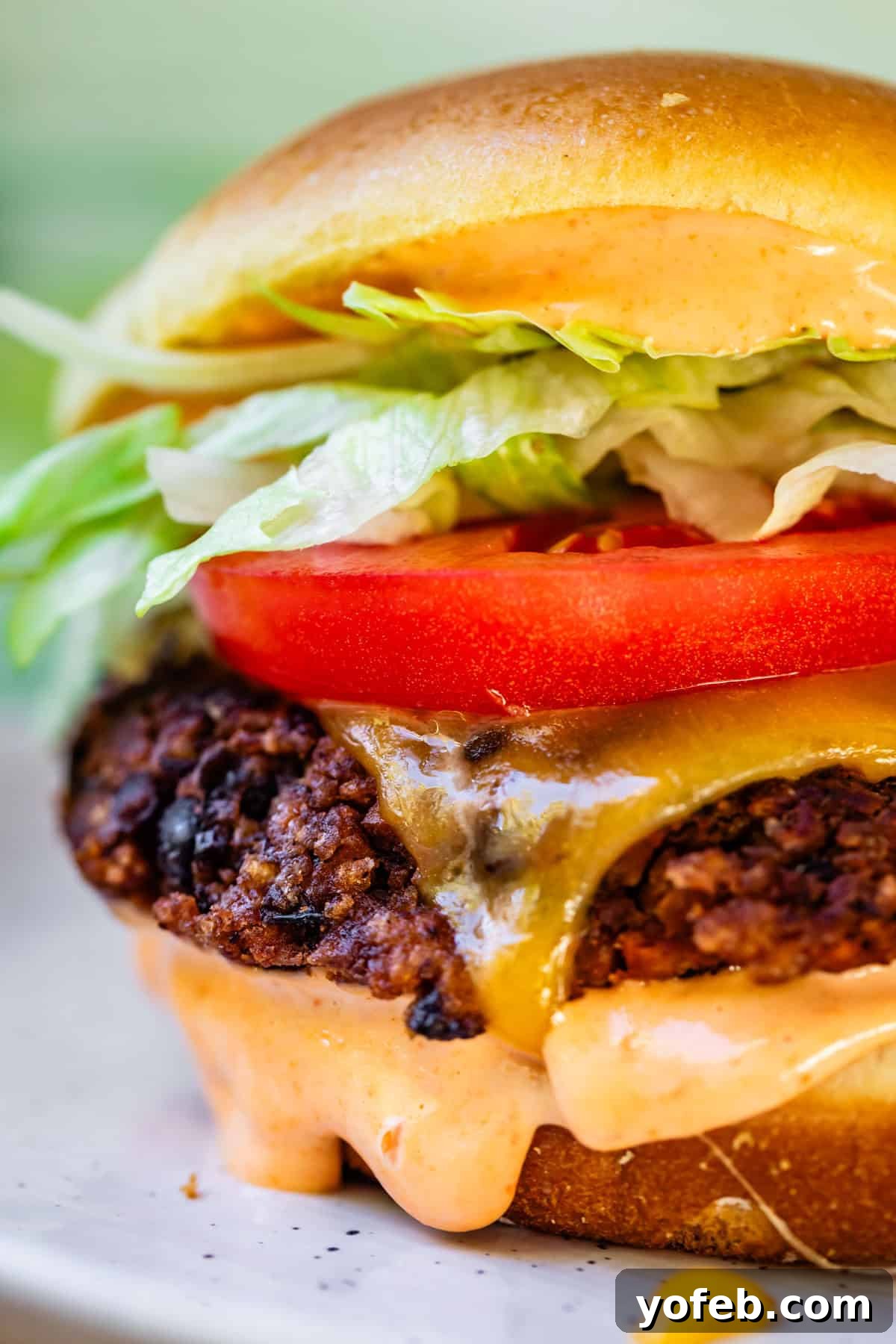 A close-up of a black bean burger with a crispy patty, melted cheese, creamy sauce, tomato slices, lettuce, and a soft bun.