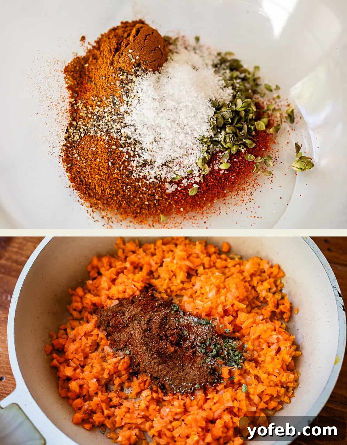 Savory Black Bean Burgers with Fiery Sriracha Aioli 7 Two images: one showing a blend of aromatic spices in a bowl, the other showing the spice blend added to chopped vegetables sautéing in a skillet.