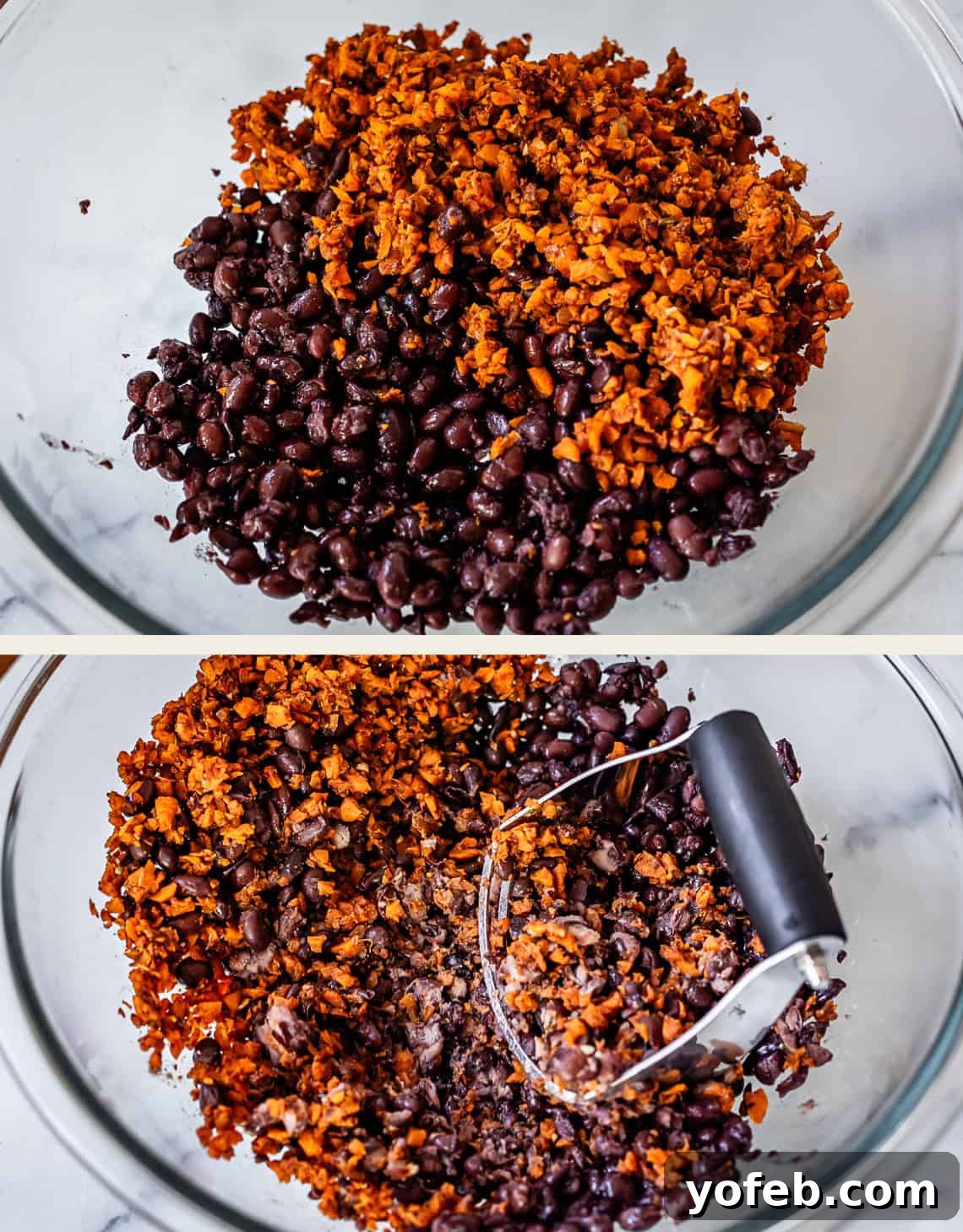 Savory Black Bean Burgers with Fiery Sriracha Aioli 8 A cook mashing sautéed vegetable mixture into black beans in a large mixing bowl, creating the burger base.