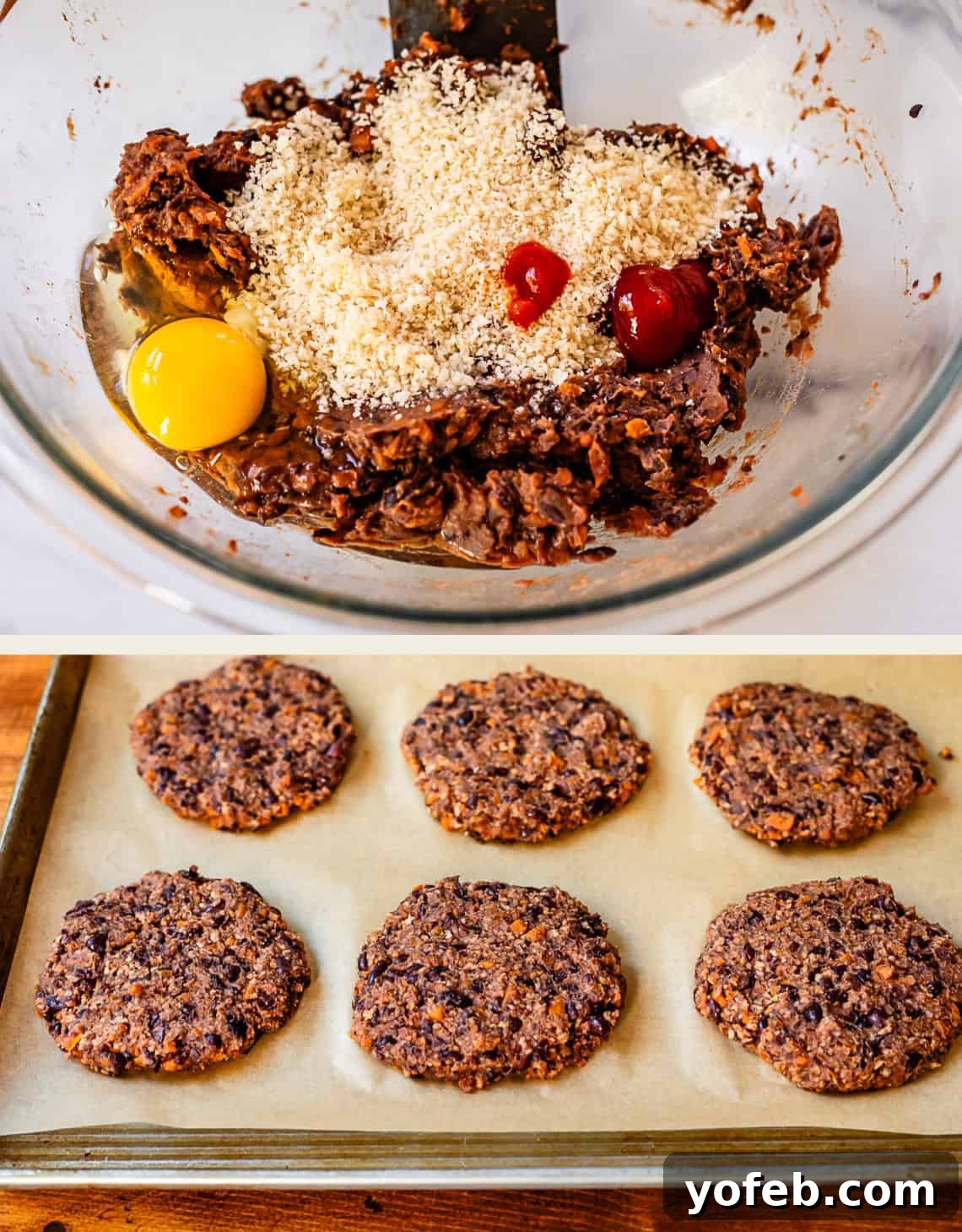 Savory Black Bean Burgers with Fiery Sriracha Aioli 9 Two images: one showing the black bean mixture with egg and panko being mixed, the other showing perfectly shaped black bean patties arranged on a baking sheet, ready for chilling.