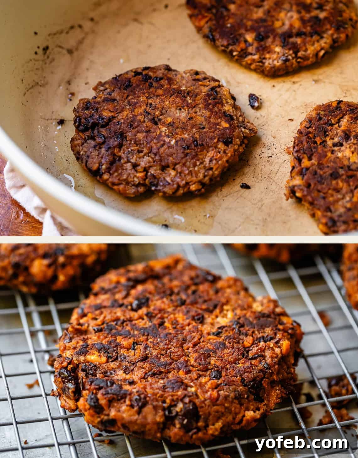 Savory Black Bean Burgers with Fiery Sriracha Aioli 10 Two images: one showing black bean burger patties cooking in a skillet, the other showing freshly cooked, crispy patties resting on a cooling rack.