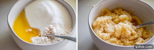 Almond Streusel Raspberry Crumb Bars 12 A two-part image showing, first, butter, sugar, and flour in a bowl, and second, the same ingredients mixed together to form streusel.