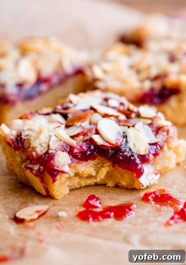 Almond Streusel Raspberry Crumb Bars 17 A close-up of a raspberry shortbread bar, showing a bite taken out to reveal the jam and crumbly texture.