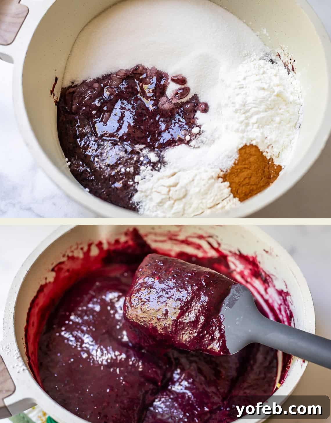 Grandma's Classic Blueberry Pie 15 Two images: first, dry ingredients, sugar, and blueberry juice combined in a white saucepan; second, the mixture thickened on the stovetop, demonstrating the cooking process for the pie filling.
