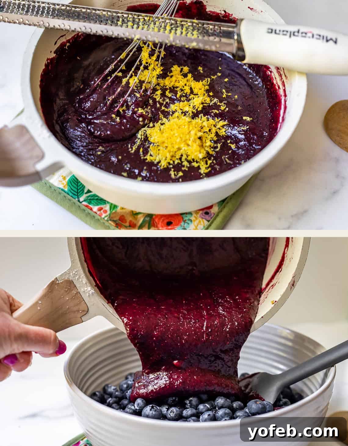 Grandma's Classic Blueberry Pie 16 A hand adding lemon zest to a pot of thickened blueberry pie filling, emphasizing the fresh, citrusy aroma being incorporated.