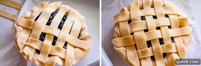 Grandma's Classic Blueberry Pie 20 A close-up series of images detailing the process of creating a lattice crust on a blueberry pie, from weaving the strips to crimping the edges.