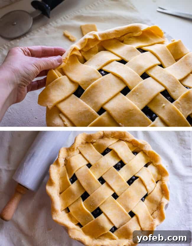 Grandma's Classic Blueberry Pie 21 A series of images demonstrating the final touches on a raw blueberry pie: trimming the crust, crimping the edges, and the finished lattice pie before baking.