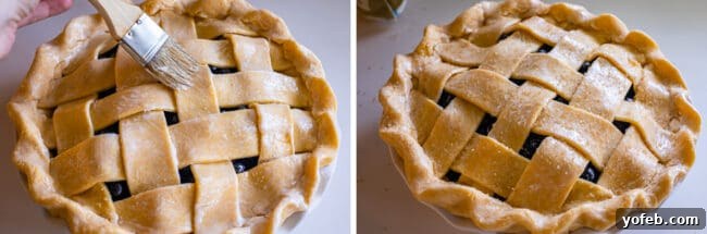 Grandma's Classic Blueberry Pie 22 Two images: first, a raw blueberry pie being brushed with milk; second, the pie sprinkled with raw sugar, ready for baking.
