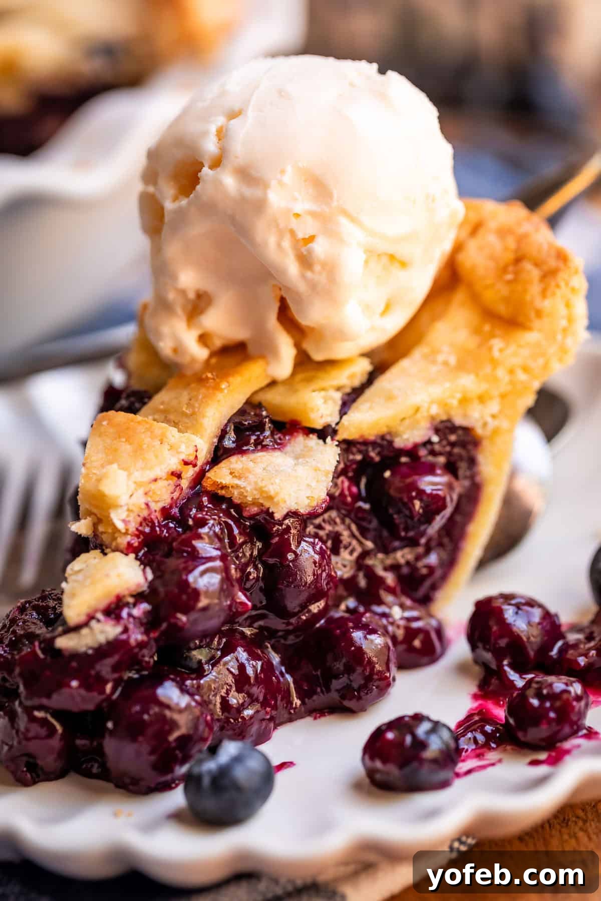 Grandma's Classic Blueberry Pie 24 A delectable piece of blueberry pie with a lattice crust, generously topped with a scoop of vanilla ice cream, presented on a white plate.