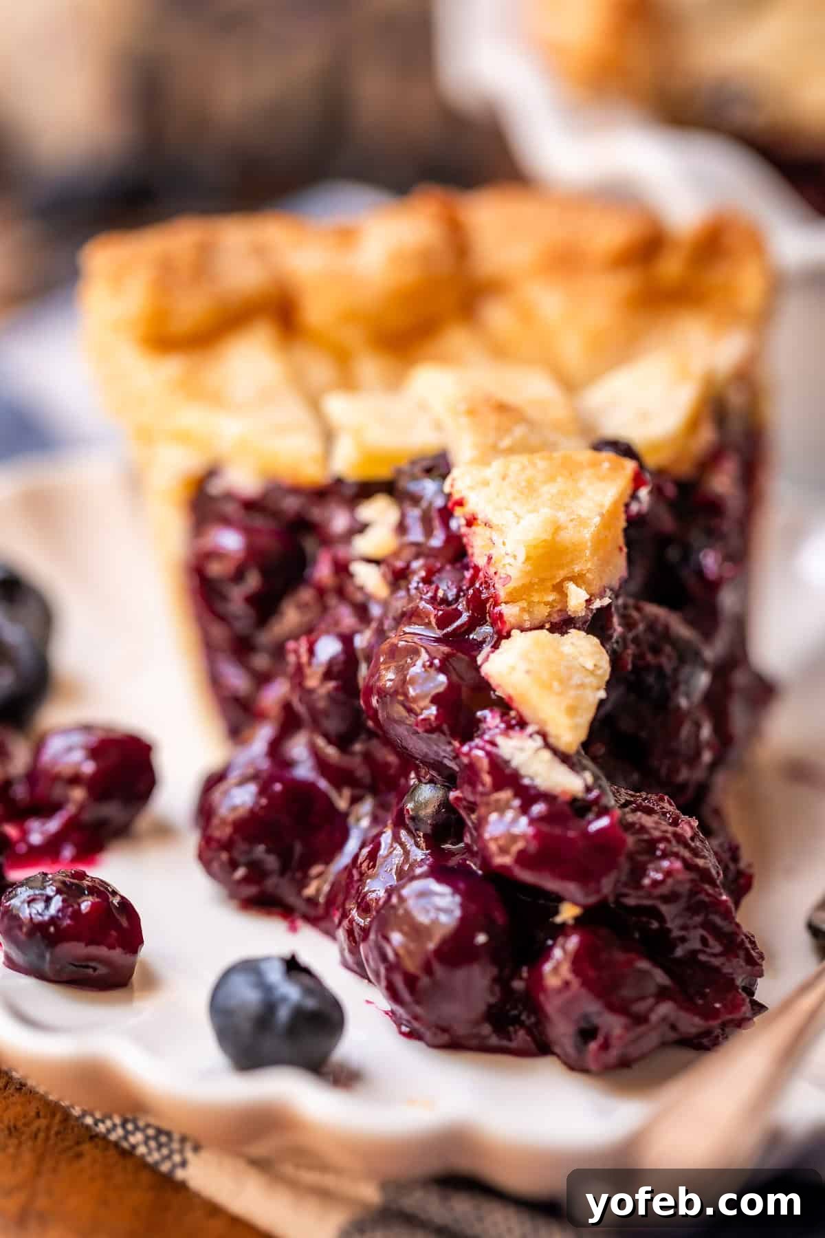 Grandma's Classic Blueberry Pie 6 A straight-on, close-up view of the front of a blueberry pie slice on a white plate, showcasing the thick, juicy filling and the intricate lattice crust.