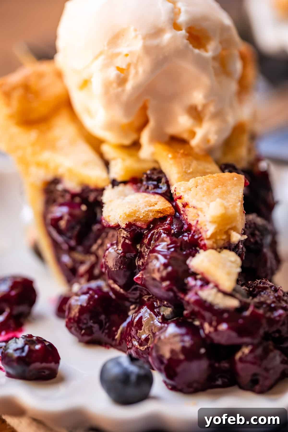 Grandma's Classic Blueberry Pie 8 A close-up shot of a blueberry pie slice with a golden lattice crust, topped generously with vanilla ice cream, showing the rich purple blueberry filling within.