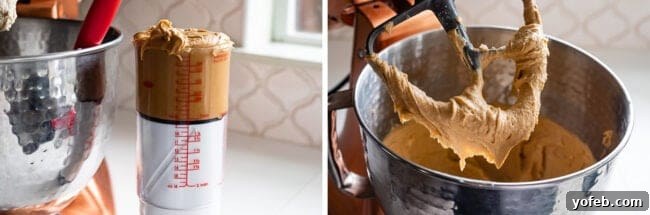 The Ultimate Peanut Butter Butterfinger Cookie 12 A two-part image demonstrating the ease of measuring peanut butter: an adjustable measuring cup dispenses peanut butter, followed by a close-up of peanut butter being thoroughly incorporated into cookie dough by a stand mixer paddle. This shows a convenient and mess-free technique.