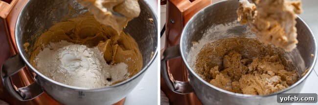The Ultimate Peanut Butter Butterfinger Cookie 13 A composite image showing the process of adding dry ingredients to a bowl of cookie dough and then mixing in the flour until just combined. This illustrates the key steps for achieving optimal cookie dough consistency.