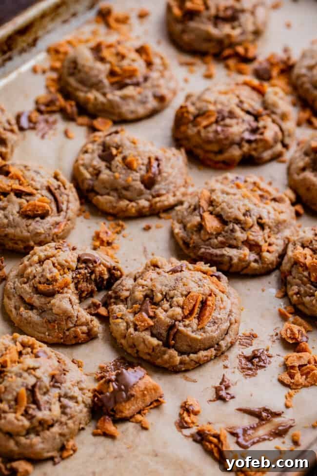 The Ultimate Peanut Butter Butterfinger Cookie 4 A tray of freshly baked Butterfinger cookies, still warm on a parchment-lined baking sheet, with additional crushed Butterfinger candy ready for a final sprinkle. This overhead shot showcases the uniform size and tempting texture of these homemade peanut butter treats.