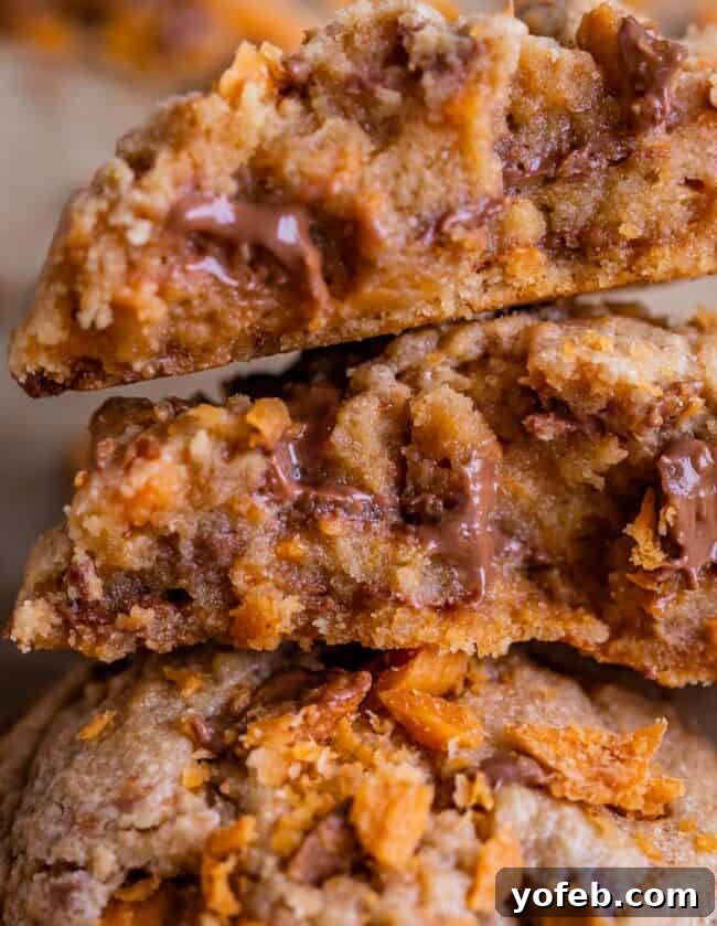 The Ultimate Peanut Butter Butterfinger Cookie 6 Three Peanut Butter Butterfinger Cookies stacked neatly, each broken in half to reveal the soft, chewy interior speckled with crunchy Butterfinger bits. This close-up highlights the enticing texture and rich peanut butter flavor.