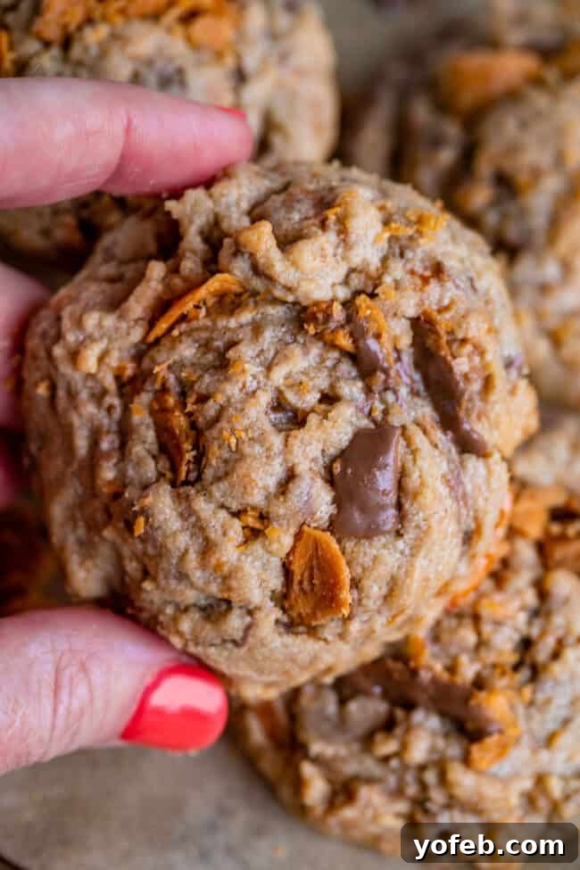 The Ultimate Peanut Butter Butterfinger Cookie 8 A hand gently holds up a perfect Peanut Butter Butterfinger Cookie, highlighting its inviting texture and the generous amount of crushed Butterfinger candy baked into it. The golden-brown exterior promises a delightful crunch and a soft center.