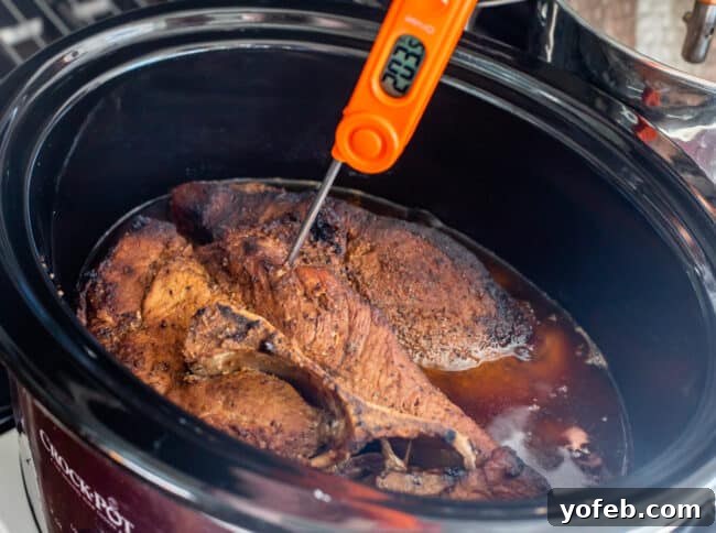 Melt In Your Mouth Pulled Pork Slow Cooker Or Oven 12 a meat thermometer reading 203 degrees F stuck into cooked pork shoulder in crock pot.