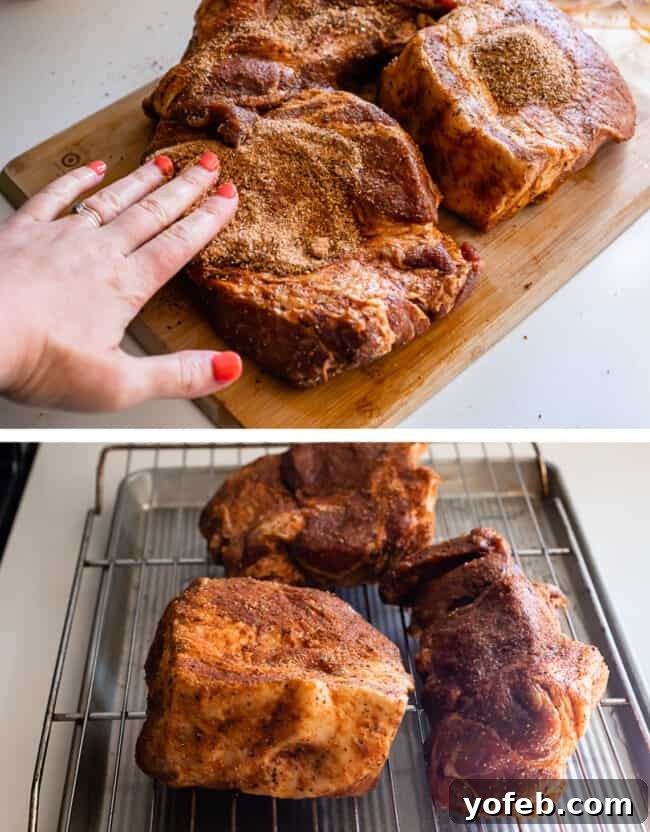 Melt In Your Mouth Pulled Pork Slow Cooker Or Oven 15 rubbing pork shoulder with spices, pork on wire rack over baking sheet.