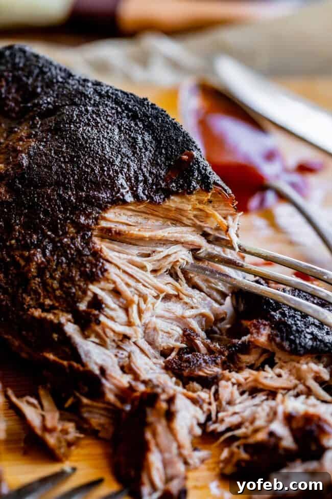 Melt In Your Mouth Pulled Pork Slow Cooker Or Oven 18 crock pot pulled pork with blackened edge being shredded with a pork.