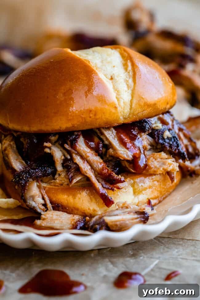 Melt In Your Mouth Pulled Pork Slow Cooker Or Oven 20 pulled pork sandwich with bbq sauce on a plate.