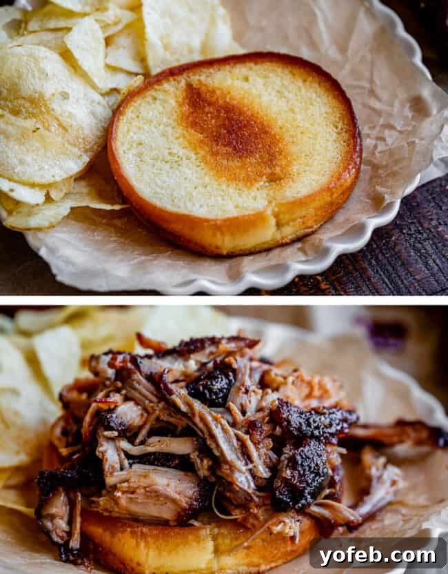Melt In Your Mouth Pulled Pork Slow Cooker Or Oven 21 toasted hamburger bun on a plate with chips, hamburger bun topped with shredded pork.