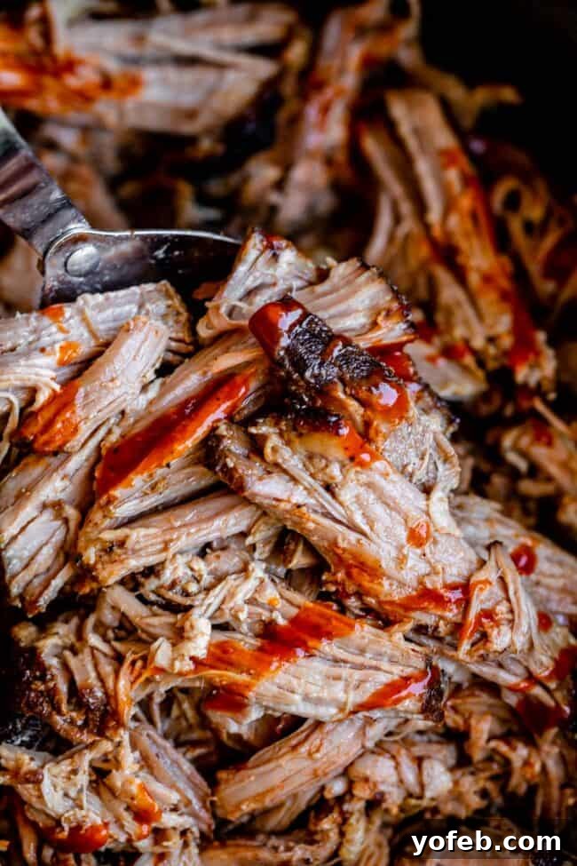Melt In Your Mouth Pulled Pork Slow Cooker Or Oven 24 spoon lifting shredded pork with bbq sauce.