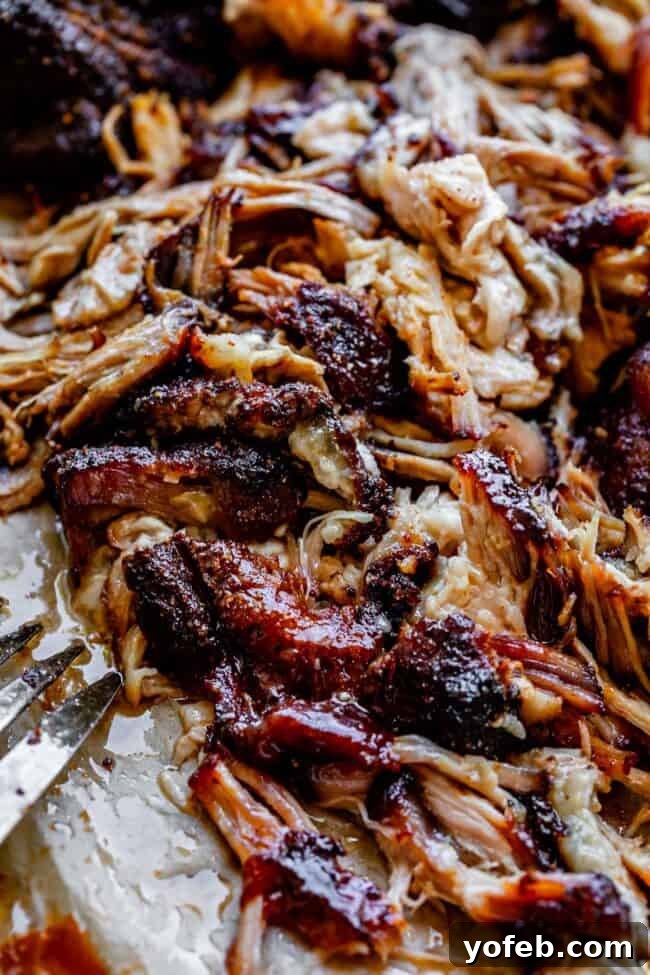 Melt In Your Mouth Pulled Pork Slow Cooker Or Oven 4 pulled pork made in the oven with blackened edges, shredded with a fork.