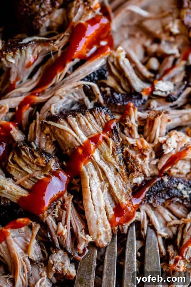 Melt In Your Mouth Pulled Pork Slow Cooker Or Oven 5 close up of slow cooker pulled pork drizzled with bbq sauce.