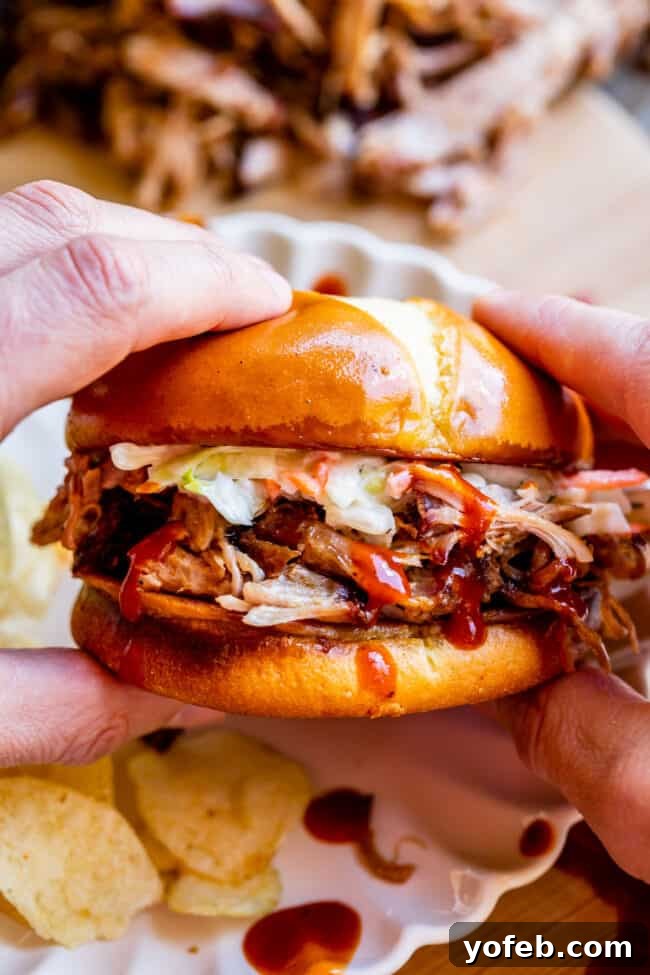 Smoky Perfection: The Ultimate Pulled Pork 2 hands holding smoked bbq pulled pork on a bun with white plate and chips.