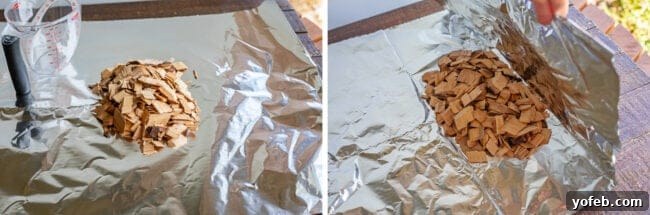 Smoky Perfection: The Ultimate Pulled Pork 14 wood chips in a small pile on aluminum foil, then folding foil into a packet for smoking.