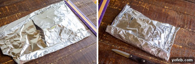 Smoky Perfection: The Ultimate Pulled Pork 15 aluminum foil and ruler on a wooden board being folded into a foil packet.