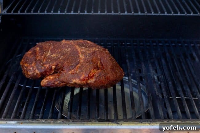 Smoky Perfection: The Ultimate Pulled Pork 19 raw pork shoulder rubbed with spices placed on a grill.