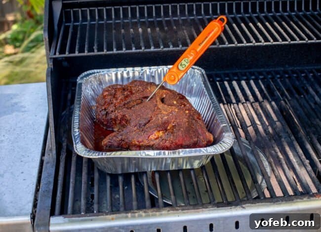 Smoky Perfection: The Ultimate Pulled Pork 21 meat thermometer stuck in pork shoulder on a grill, reading 151 degrees Fahrenheit.