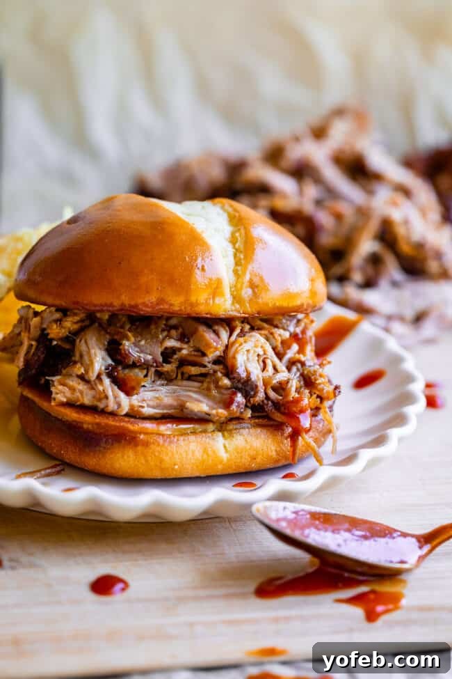 Smoky Perfection: The Ultimate Pulled Pork 24 pulled pork sandwich on a white plate with barbecue sauce.