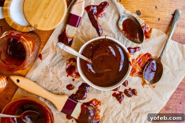 Effortless Homemade Barbecue 4 overhead shot of a bowl of bbq sauce with spoons, brushes, and parchment paper on a wooden table.