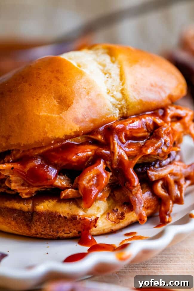 Effortless Homemade Barbecue 5 saucy smoked pulled pork on a toasted bun on a plate.