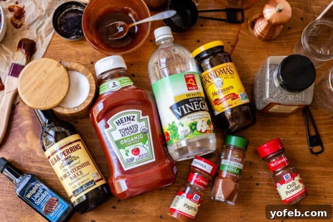 Effortless Homemade Barbecue 7 ingredients for bbq sauce displayed on a wooden table.