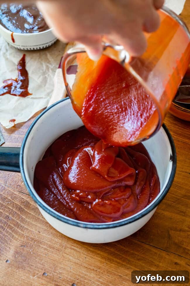 Effortless Homemade Barbecue 8 pouring ketchup from a measuring cup into a white saucepan.