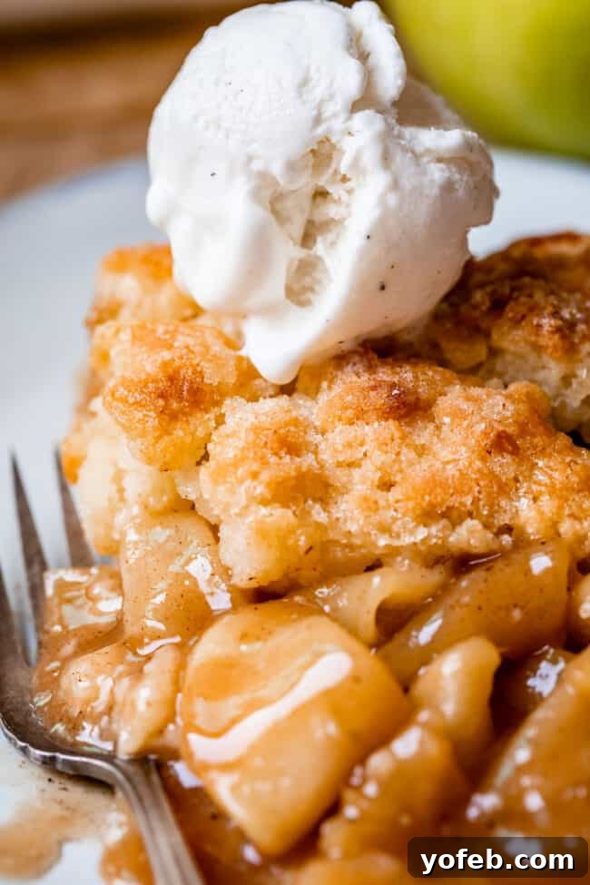 Effortless Homemade Apple Cobbler 2 Delicious Apple cobbler on a white plate with a fork, generously topped with vanilla ice cream.