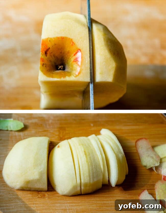 Effortless Homemade Apple Cobbler 11 A knife expertly cutting thin slices from a peeled apple on a wooden cutting board.