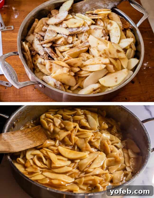 Effortless Homemade Apple Cobbler 12 Raw sliced apples being mixed with flour and sugar in a skillet, followed by a photo of the cooked apples in a rich sauce.