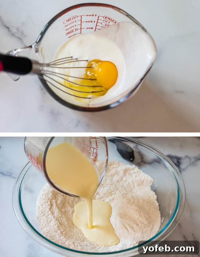 Effortless Homemade Apple Cobbler 17 A glass measuring cup containing buttermilk and an egg, next to a whisk, followed by pouring the mixture into a bowl of flour.
